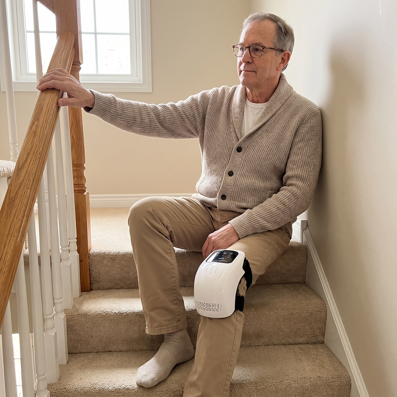 Person climbing stairs comfortably after using the Genvia K1 knee therapy device